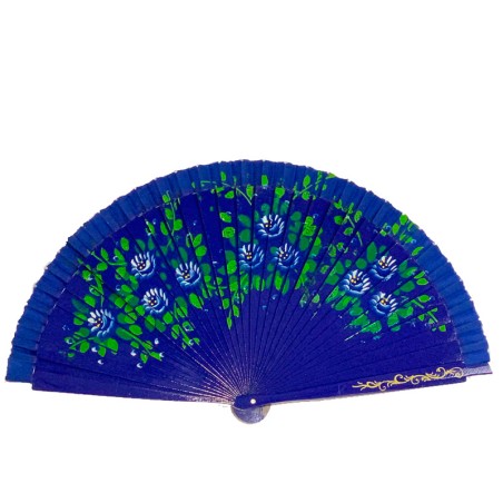 abanico de madera con flores color azul